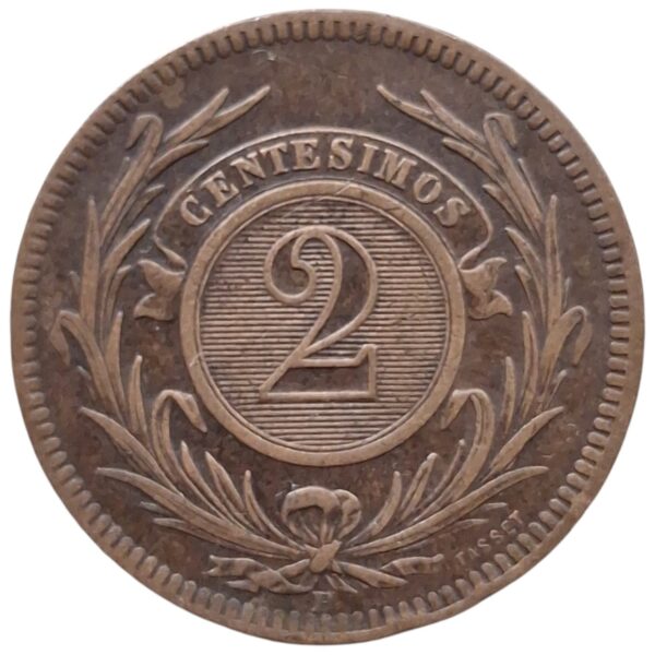 Moneda de cobre 2 centésimos Ceca H Uruguay 1869